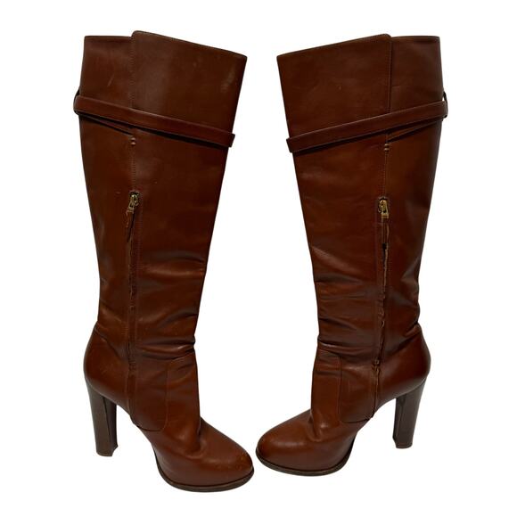 FENDI Women’s Cognac Brown Leather New High Heeled Boots Size 39 8.5 Gold Buckle - Picture 3 of 13